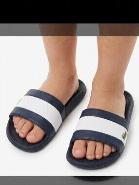 Lacoste Navy & White Striped Slide Sandals with Crocodile Accent Sz 6